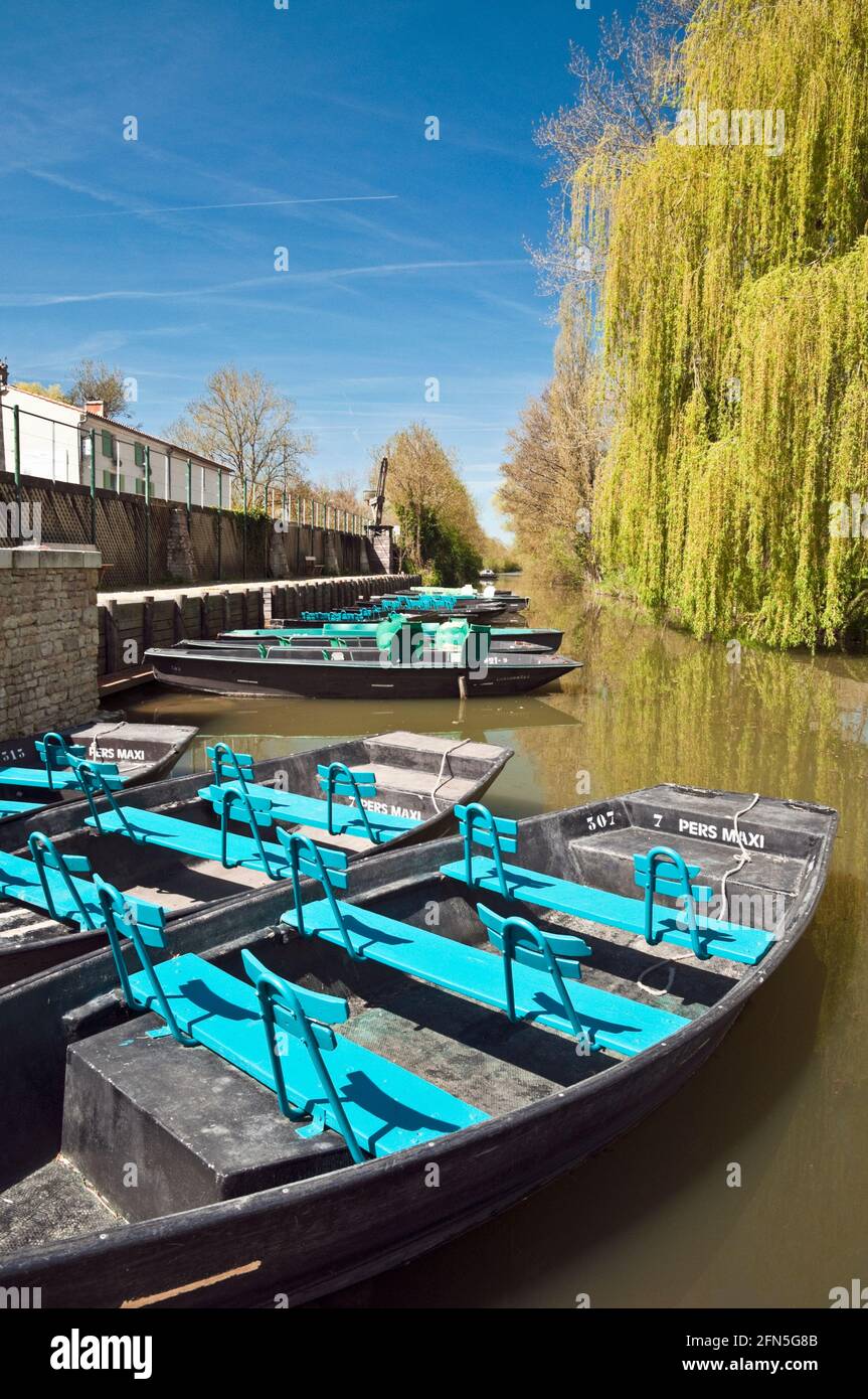 Empty tourist pleasure boats in Arçais pier, Deux-Sevres (79) in the Marais Poitevin, the largest marsh on the Atlantic coast of France. Extending acr Stock Photo