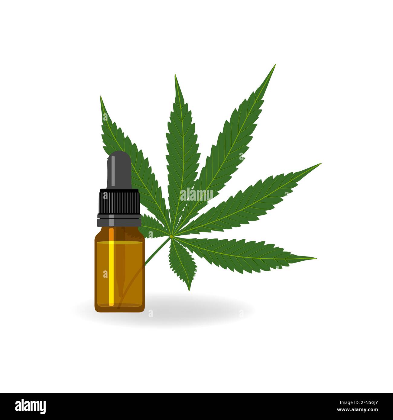Cannabis oil bottle and green medical marijuana leaf isolated on white background. Healthy Hemp, CBD oil, vector illustration. Stock Vector