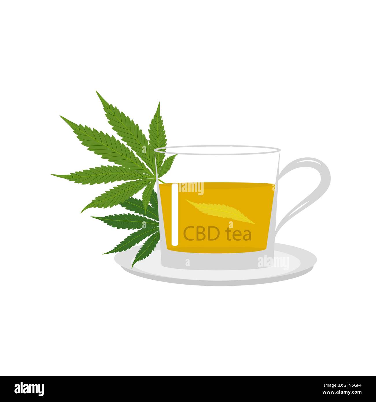 CBD tea cup and green medical marijuana leaves isolated on white background. Healthy Hemp, cannabis, vector illustration. Stock Vector