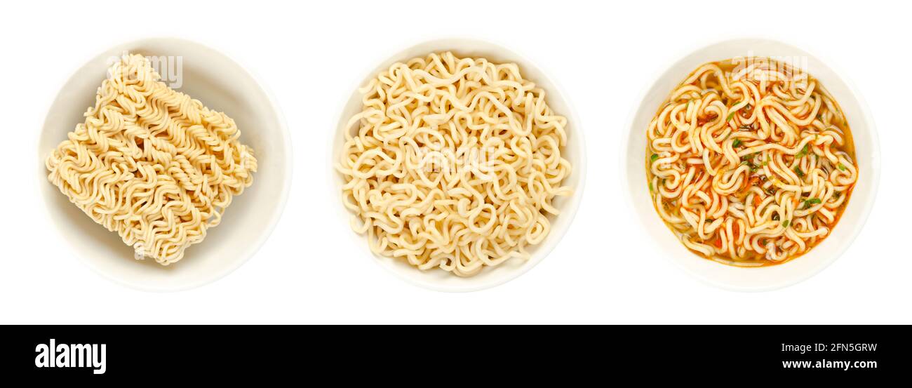 Instant ramen, in white bowls. Dried block of instant noodles, noodles soaked in boiling water, and a freshly prepared cup of soup with vegetables. Stock Photo