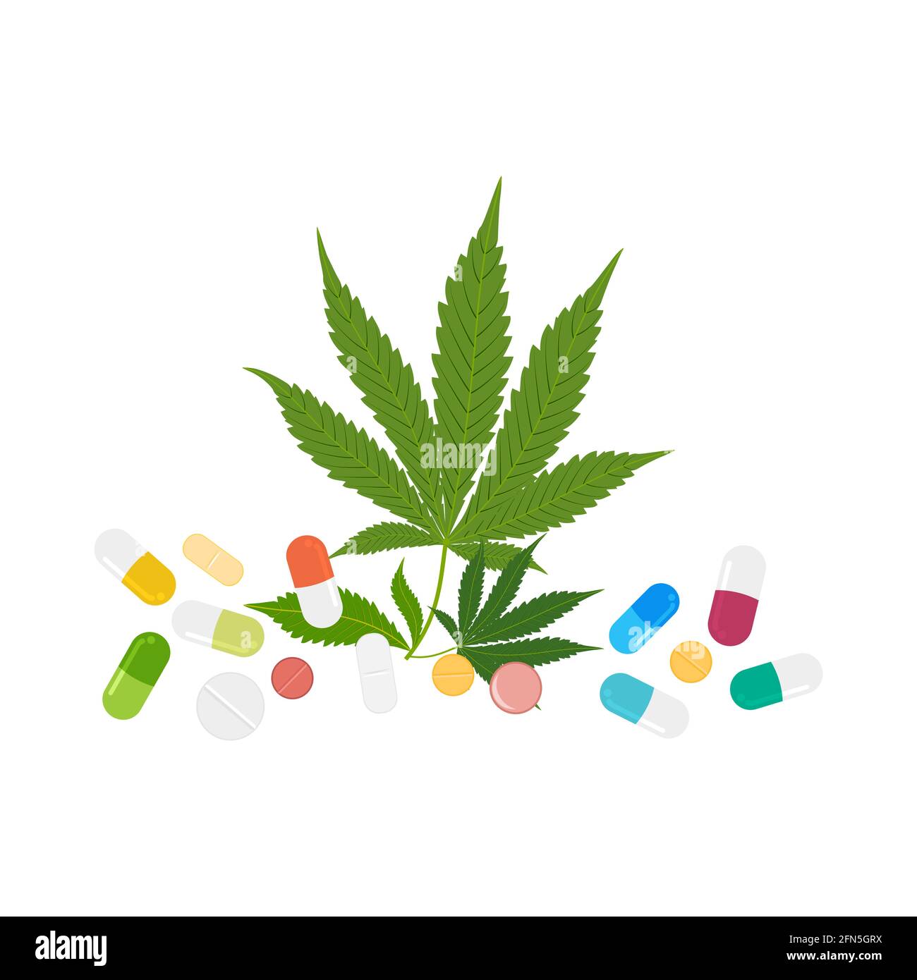 CBD capsules and pills with green medical marijuana leaves isolated on white background. Healthy Hemp, cannabis, vector illustration. Stock Vector
