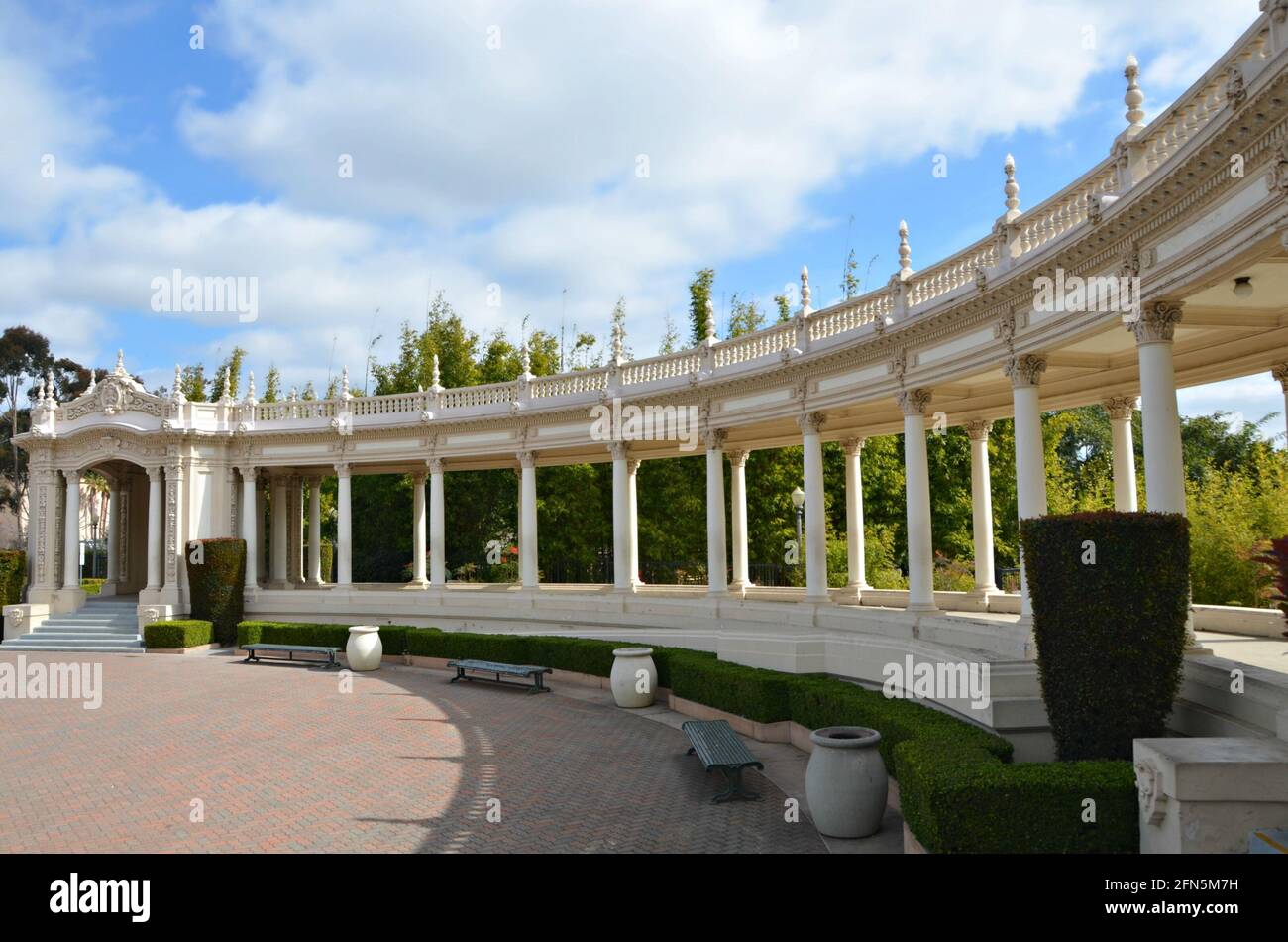 Scenic view of  the Italian-Renaissance style Spreckels Organ Pavilion with the semi-circular colonnades in Balboa Park, San Diego California, USA. Stock Photo