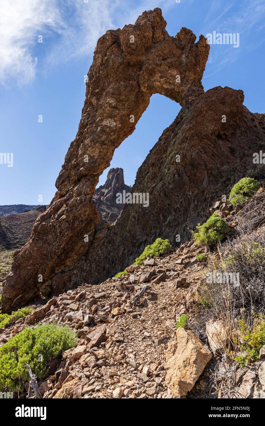 Volcanic rock formation known as the Queens Slipper, Zapatilla de la Reina, carved out by wind and rain erosion in the Las Canadas del Teide National Stock Photo