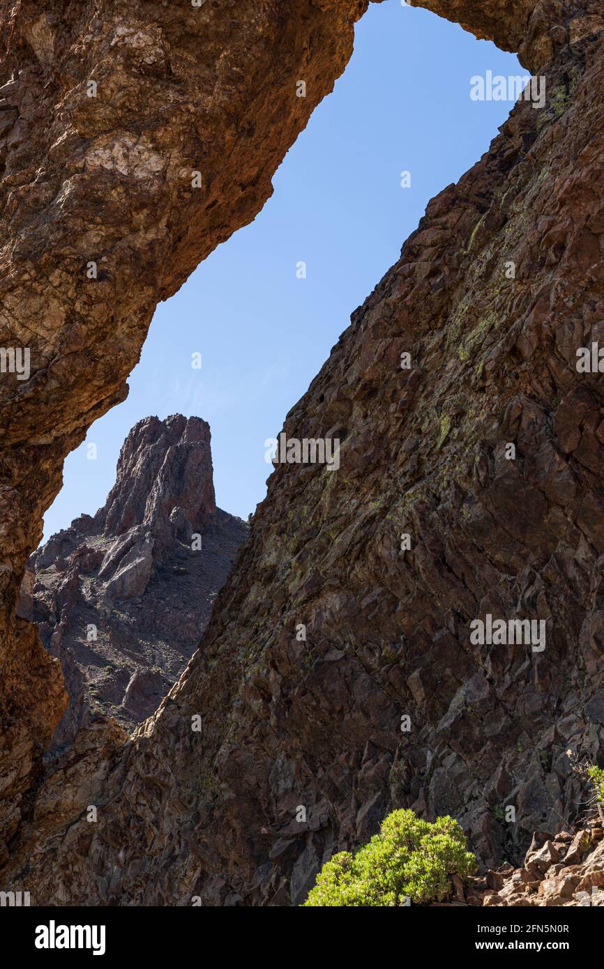 Volcanic rock formation known as the Queens Slipper, Zapatilla de la Reina, carved out by wind and rain erosion in the Las Canadas del Teide National Stock Photo