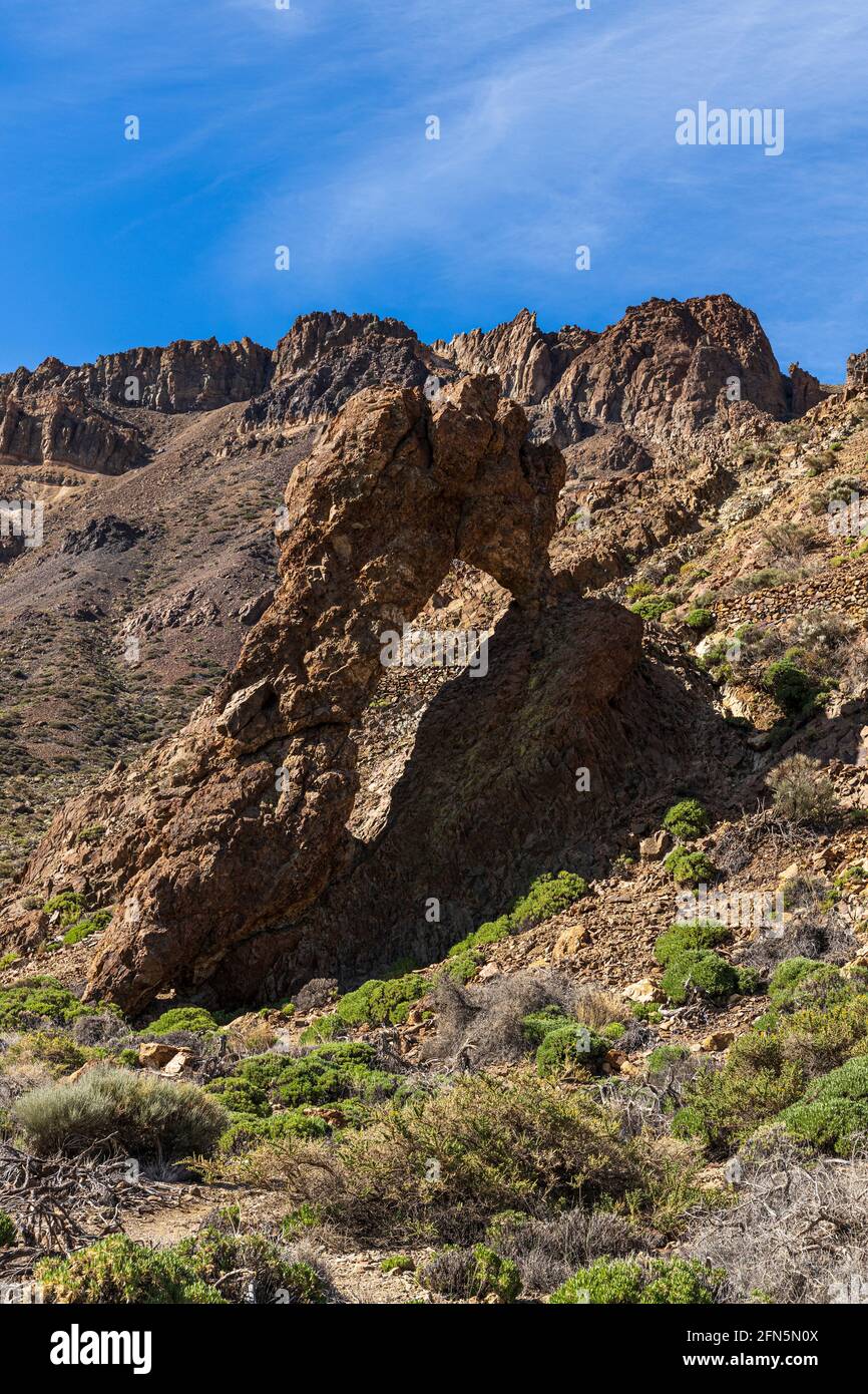 Volcanic rock formation known as the Queens Slipper, Zapatilla de la Reina, carved out by wind and rain erosion in the Las Canadas del Teide National Stock Photo