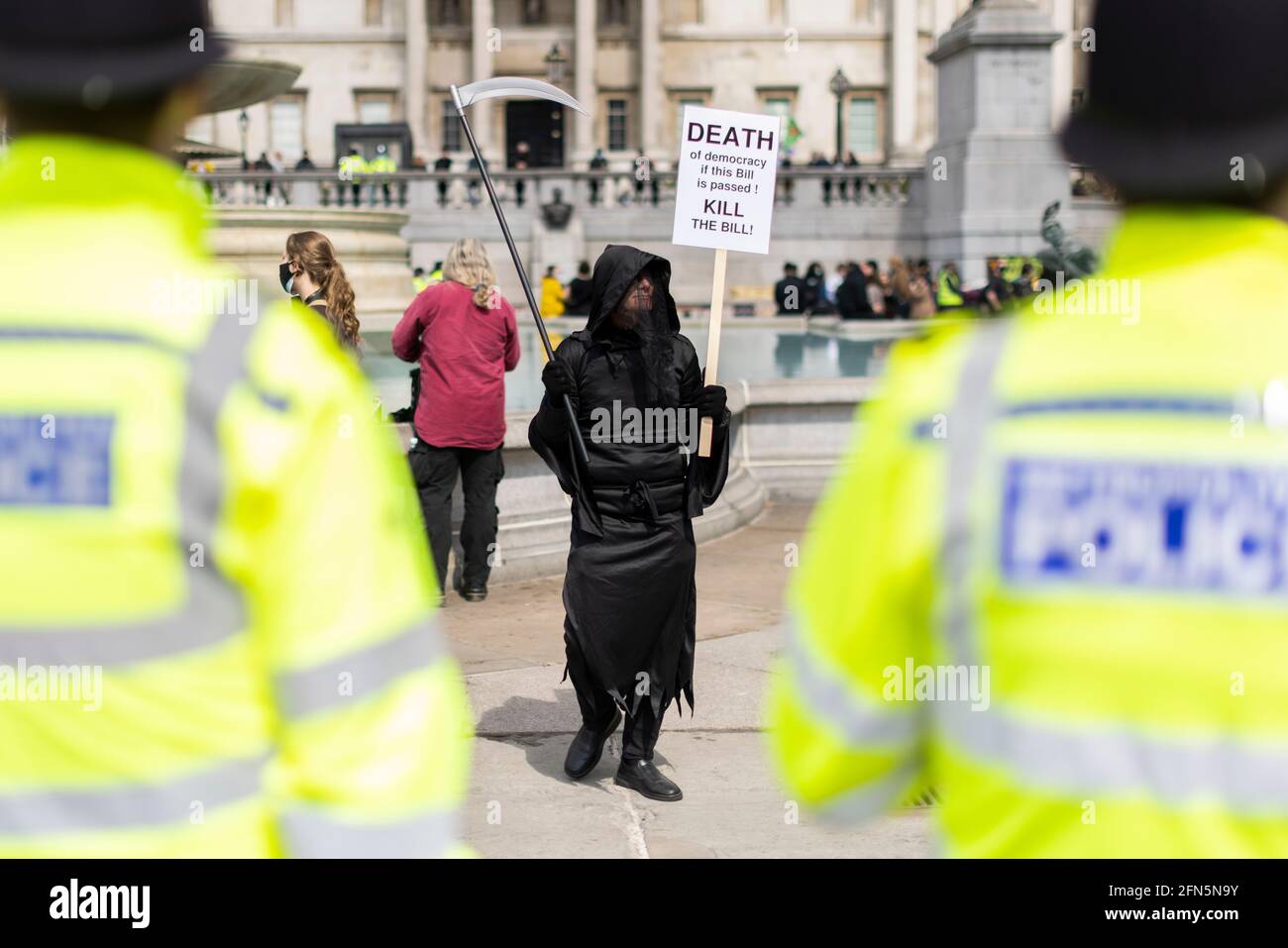 Protester in Grim Reaper costume during 'Kill the Bill' protest against new policing bill, London, 1 May 2021 Stock Photo
