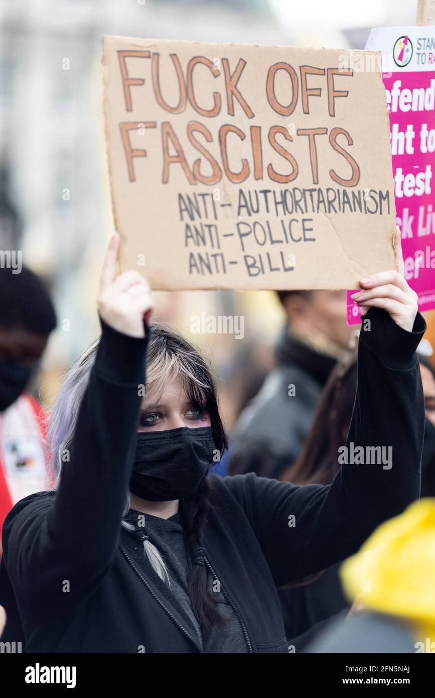 Protester with placard at 'Kill the Bill' protest against new policing bill, London, 1 May 2021 Stock Photo
