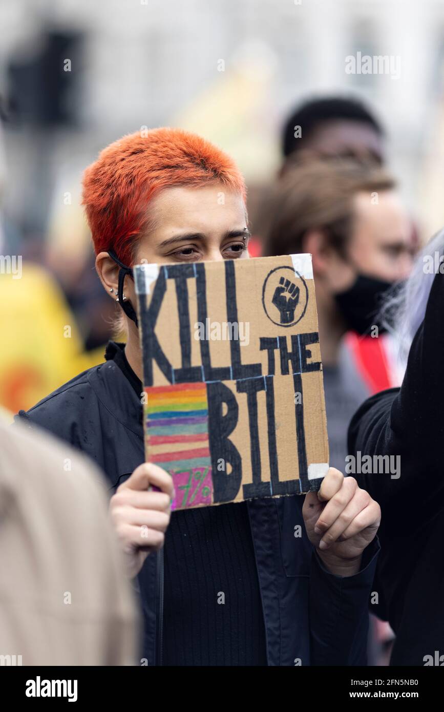 Protester with placard at 'Kill the Bill' protest against new policing bill, London, 1 May 2021 Stock Photo