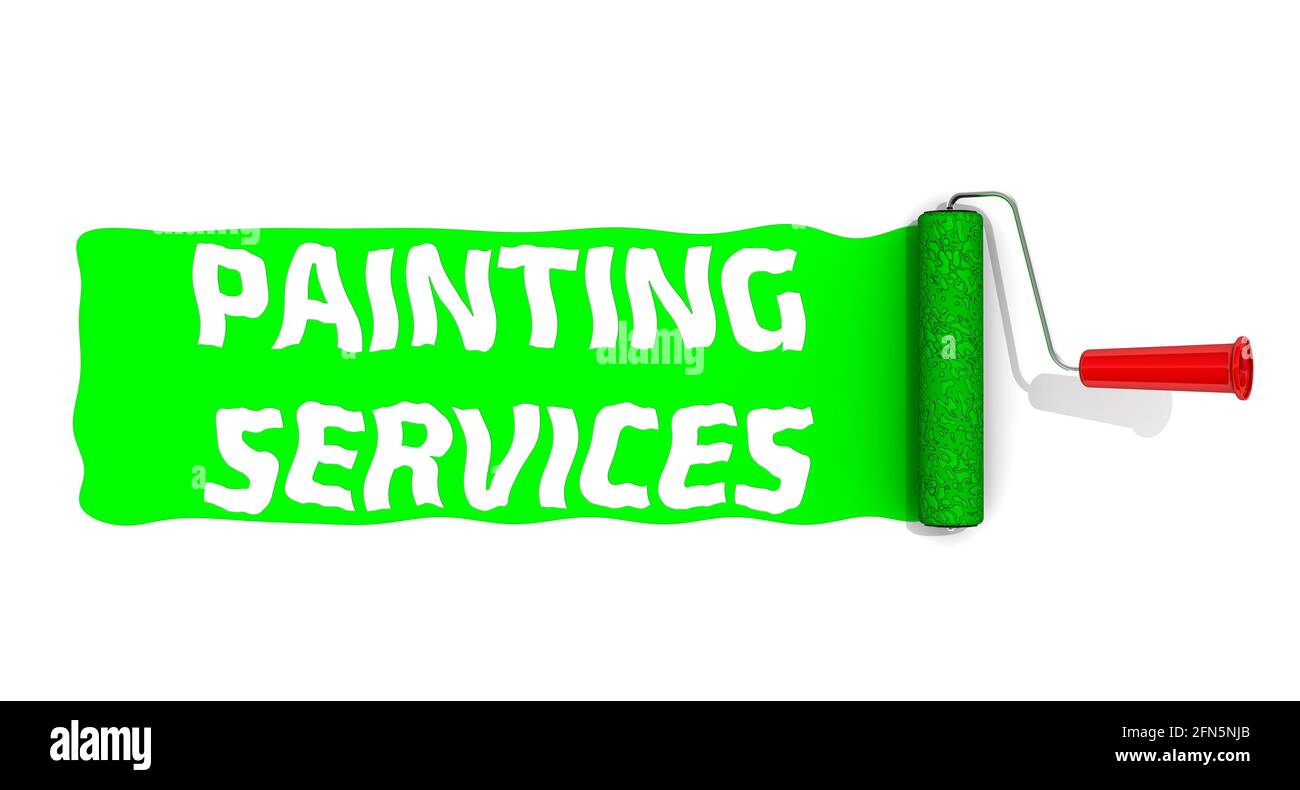 Painting services. Paint roller paints by green color with text PAINTING SERVICES on a white surface. Isolated. 3D illustration Stock Photo