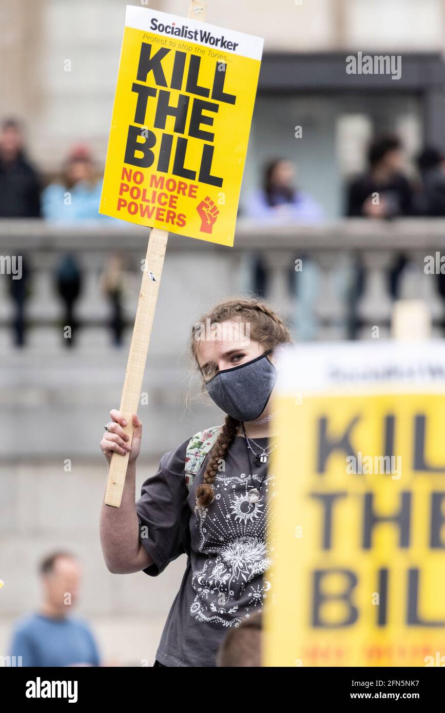 Female protester with placard at 'Kill the Bill' protest against new policing bill, London, 1 May 2021 Stock Photo