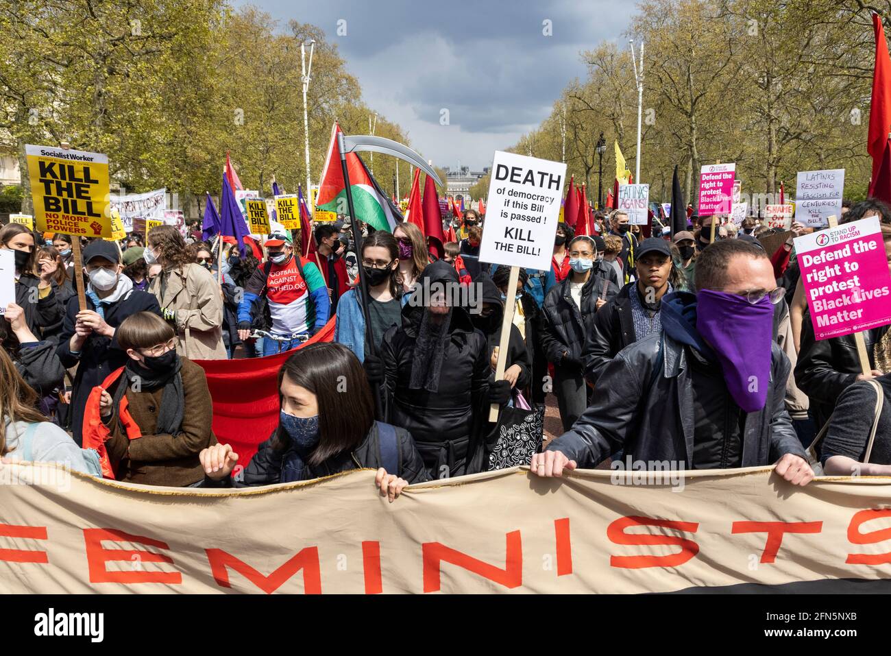 Crowd of protesters marching during 'Kill the Bill' protest against new policing bill, London, 1 May 2021 Stock Photo