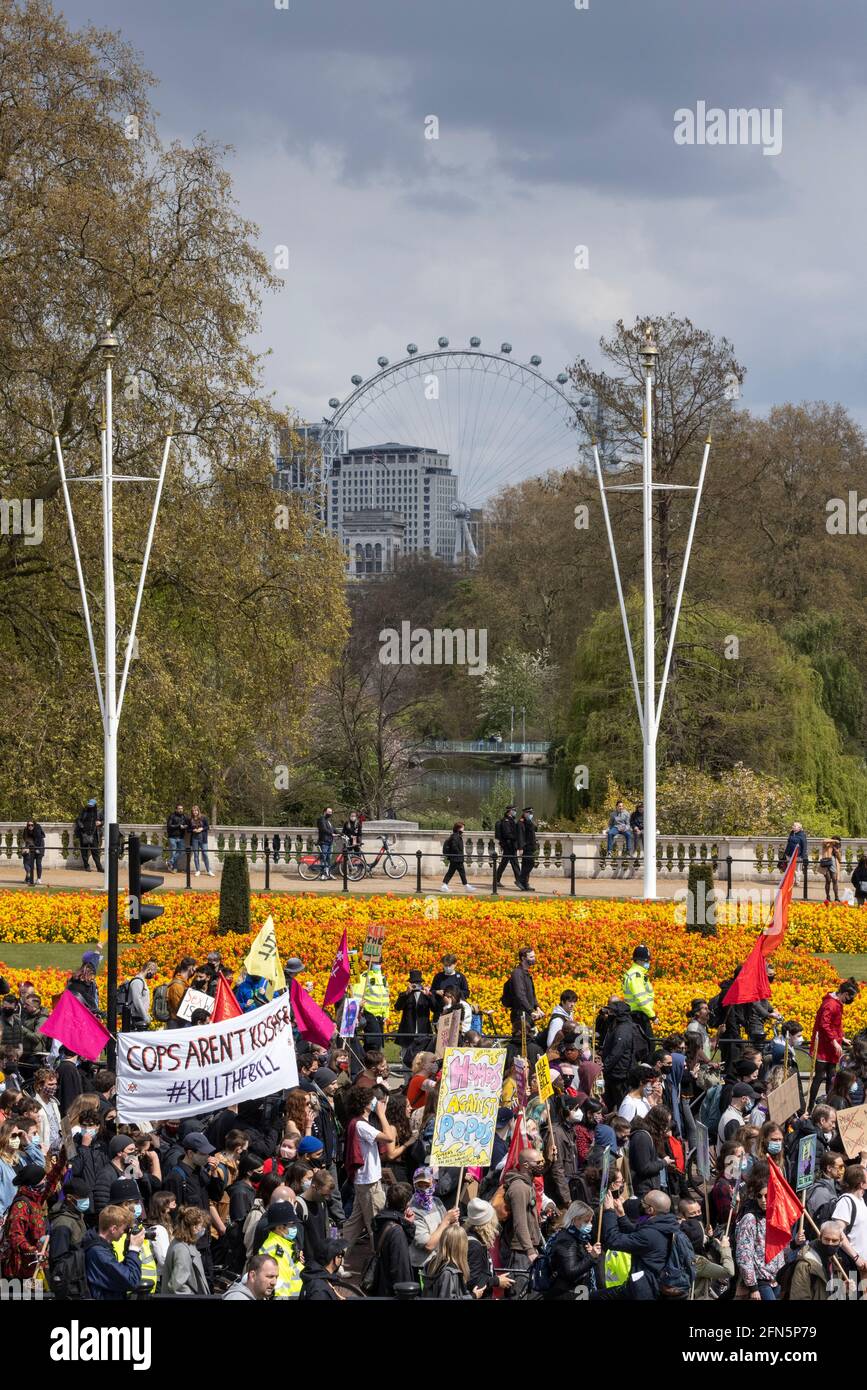 Crowd of protesters marching during 'Kill the Bill' protest against new policing bill, London, 1 May 2021 Stock Photo