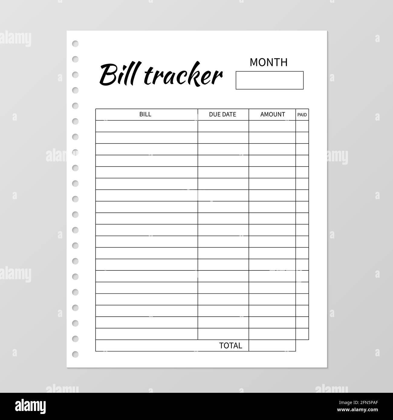 Bill tracker template. Monthly planner. Blank white notebook page isolated  on grey. Organizer page. Paper sheet. Stationery for budget planning. Vecto  Stock Vector Image & Art - Alamy