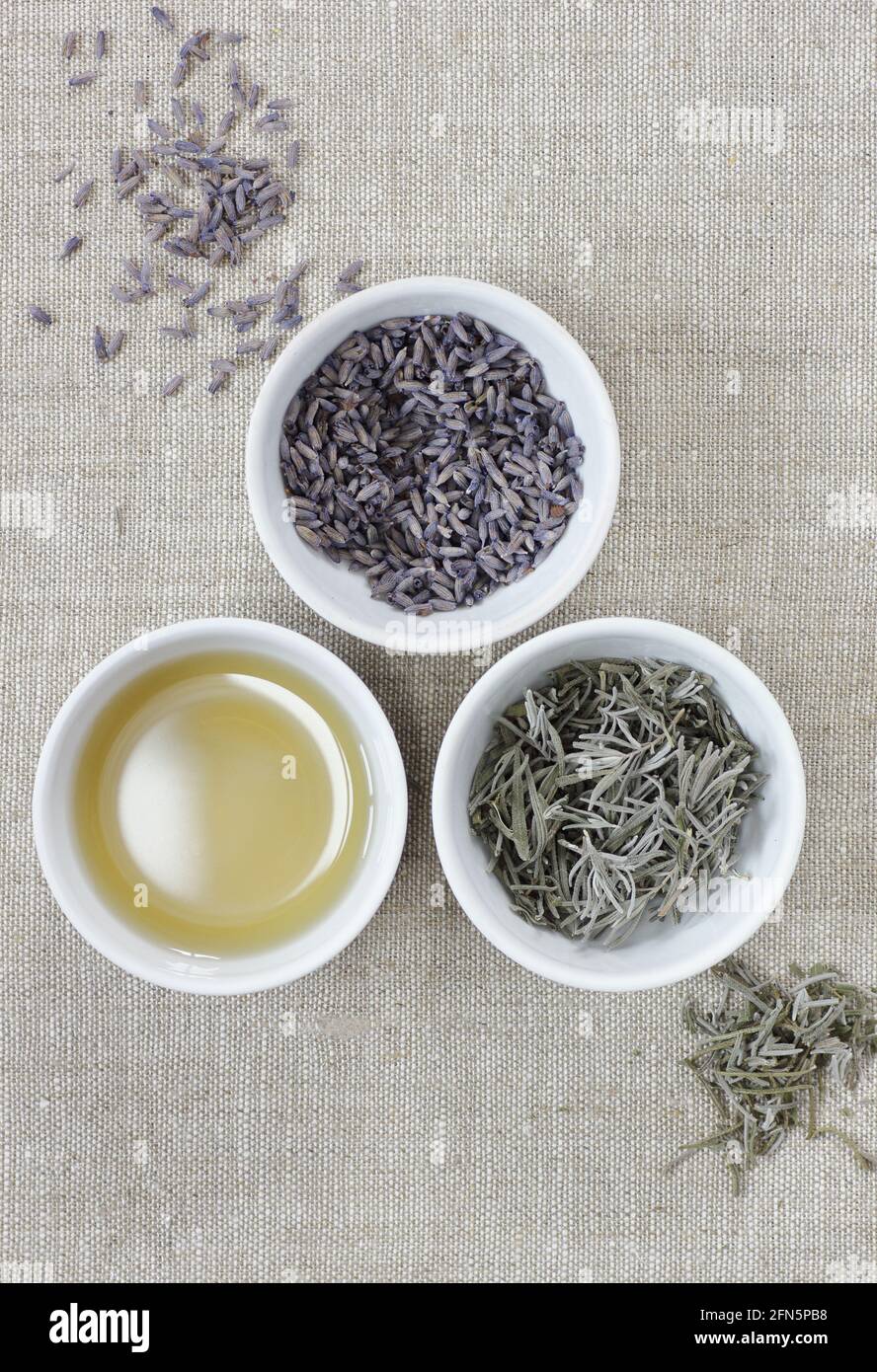 Lavender dry herb in a bowl with flowers nearby, closeup, from above overhead top view, natural medicine, naturopathy, organic cosmetics, sleep tea, s Stock Photo