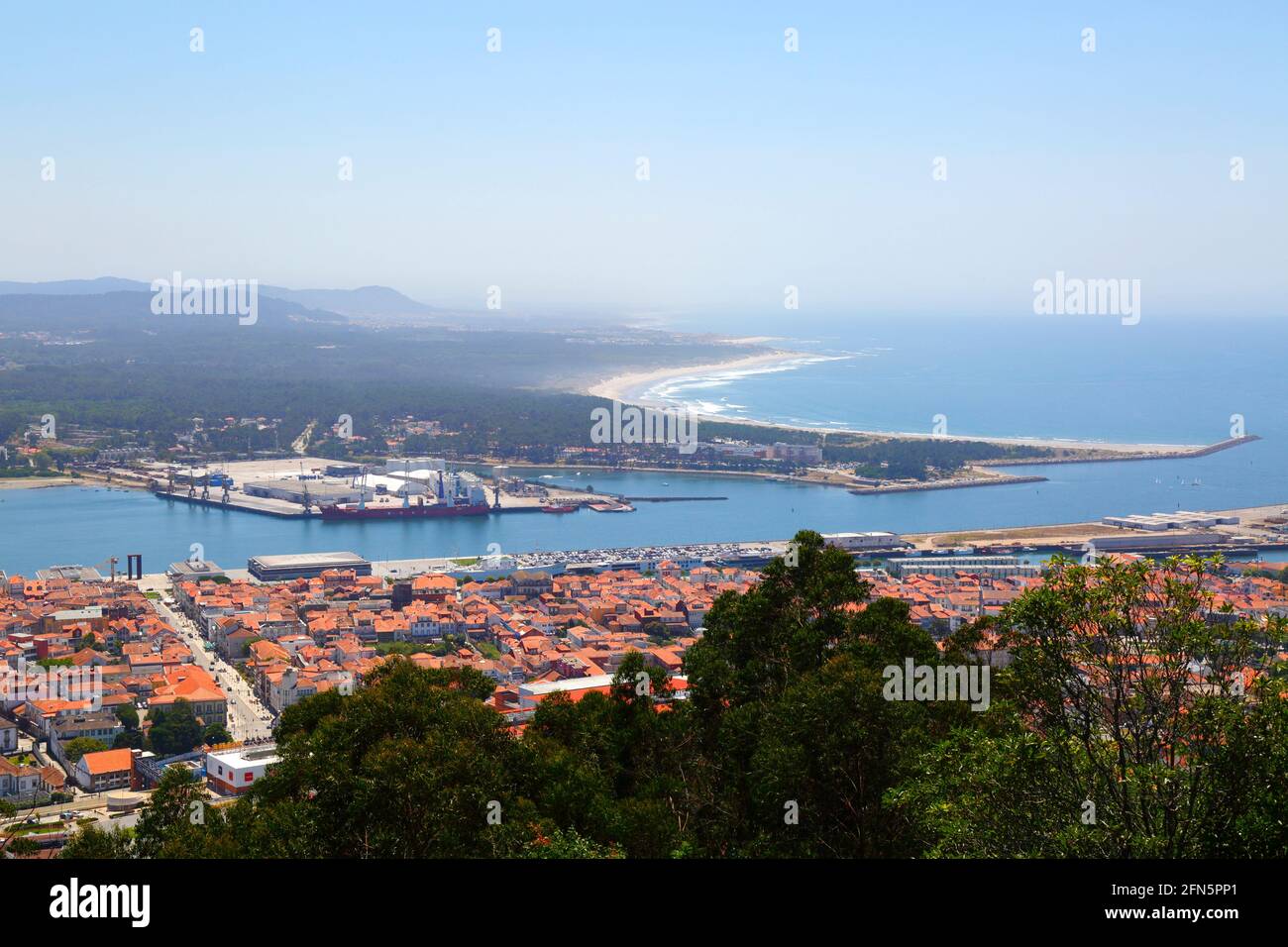 Aerial view of Viana do Castelo, River Lima estuary and part of port from Monte de Santa Luzia, Minho Province, northern Portugal Stock Photo