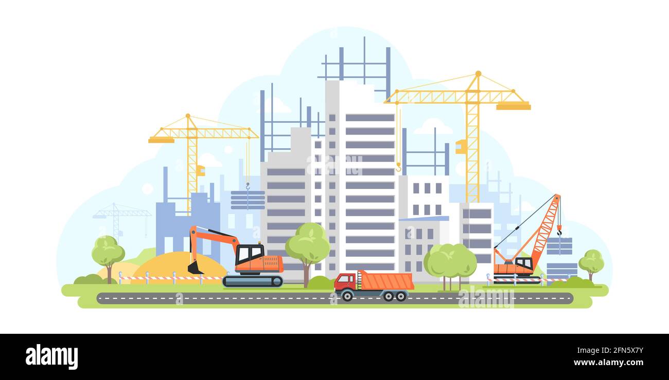 Housing complex under construction flat design style illustration. Urban landscape with