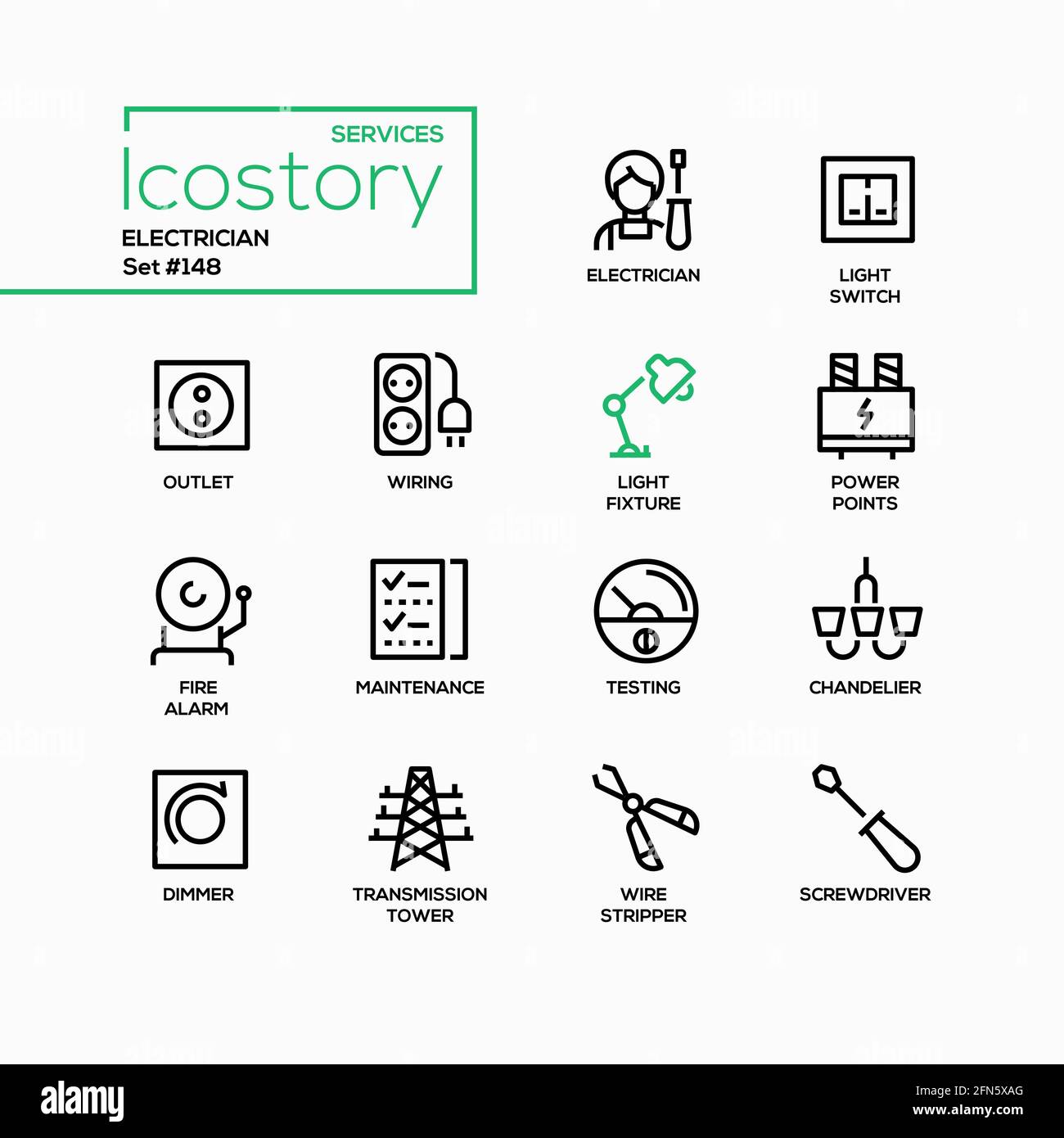 Electrician services line design style icons set. House maintenance