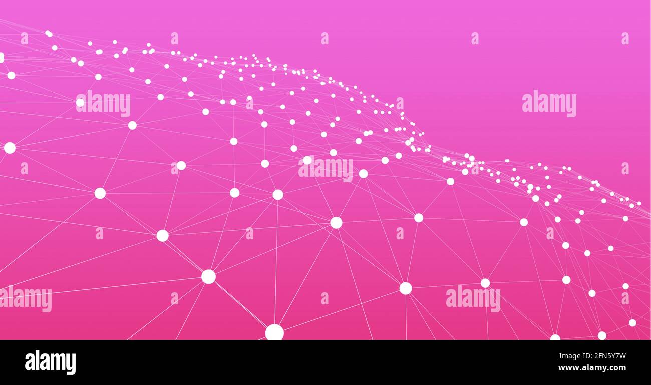 Glowing network of connections against purple and pink gradient background Stock Photo