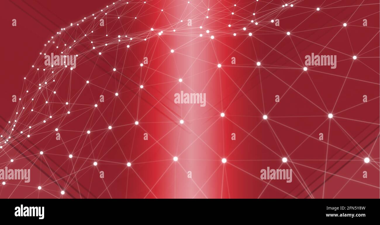 Network of connections against abstract geometrical shapes on red background Stock Photo