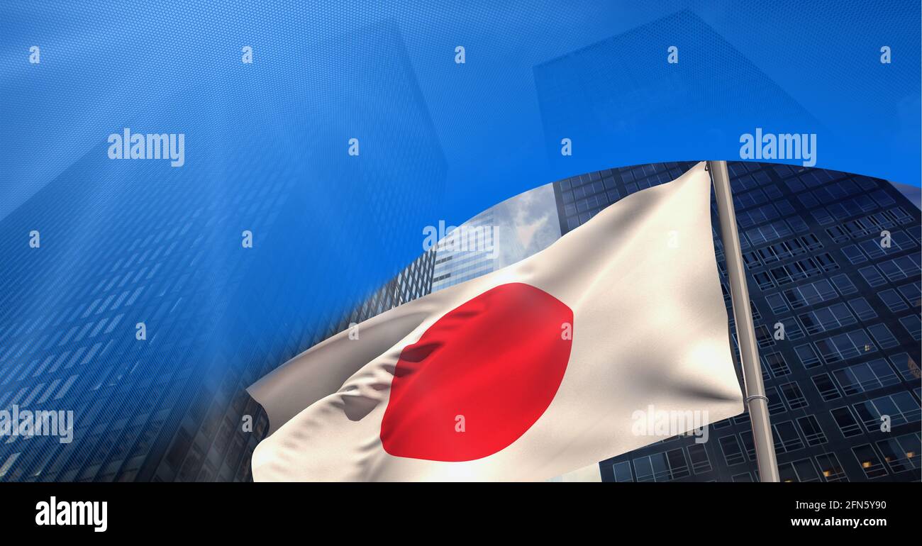 Abstract blue geometrical shapes over japanese flag against tall buildings in background Stock Photo