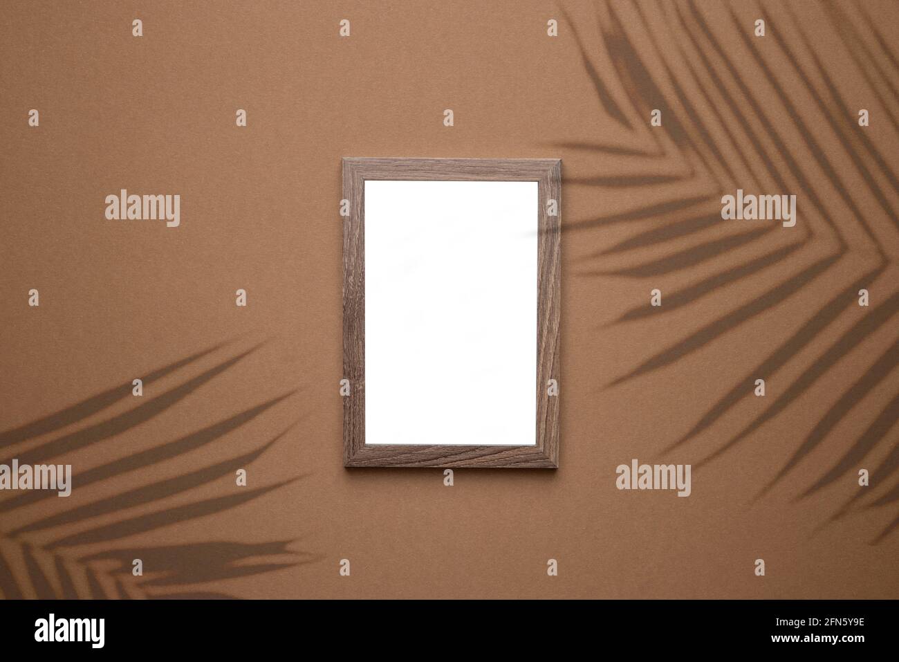 Blank picture frame on trend brown background with tropical plant shadow light as template for event promotion, design presentation, self portfolio etc. Stock Photo