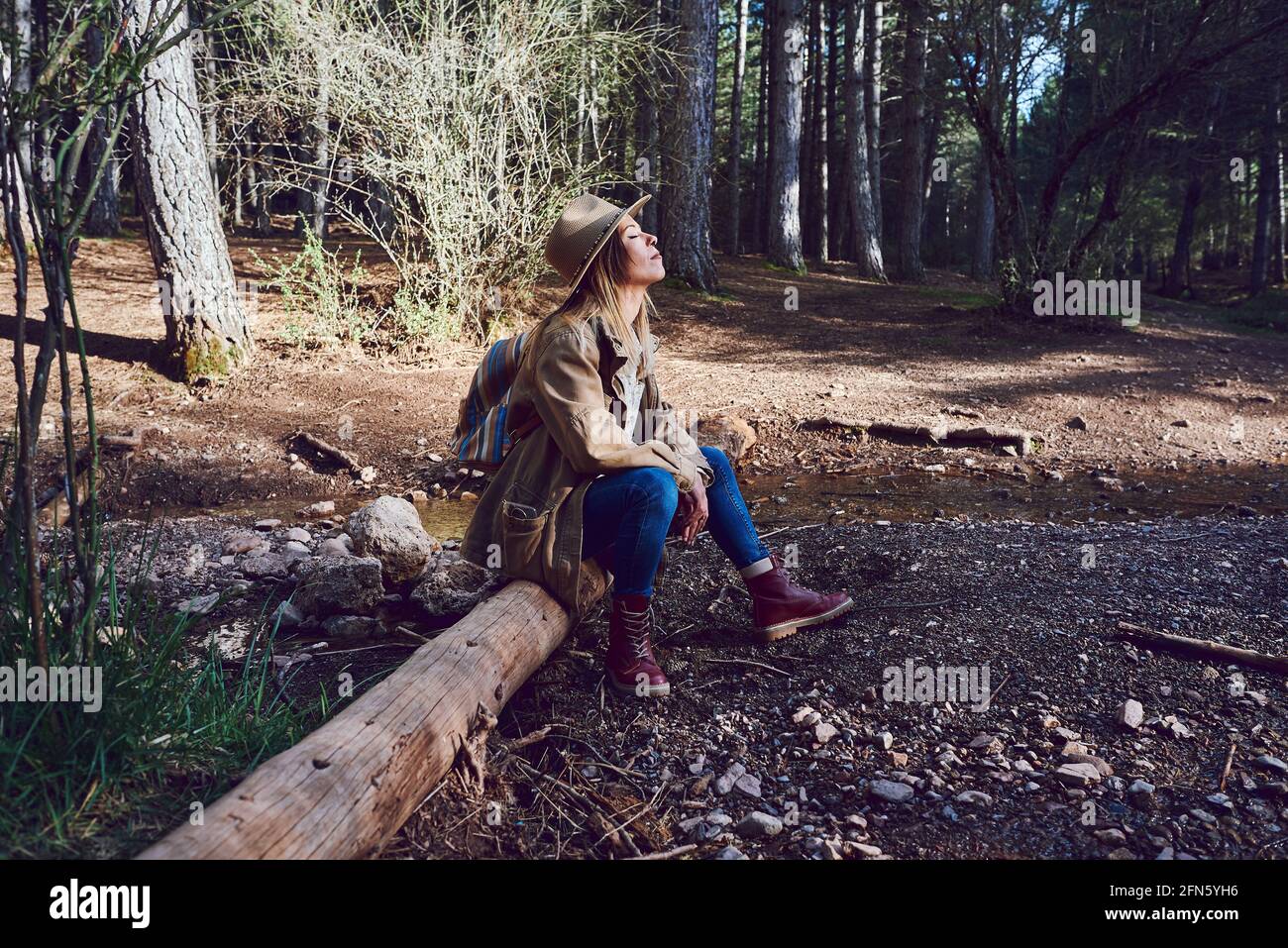 Woman on the mountain. She is in a forest with pine trees Stock Photo ...