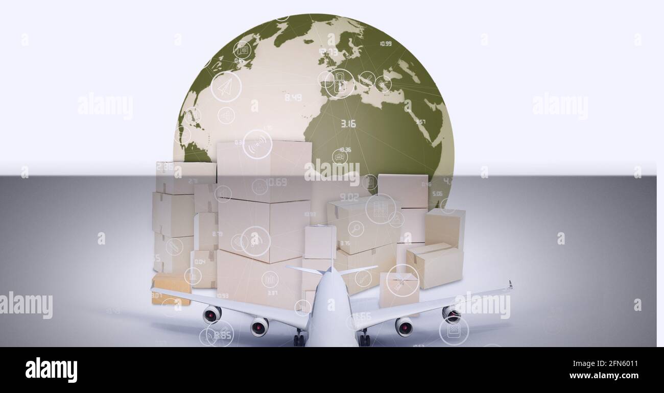 Animation of icons, cardboard boxes, airplane and globe Stock Photo