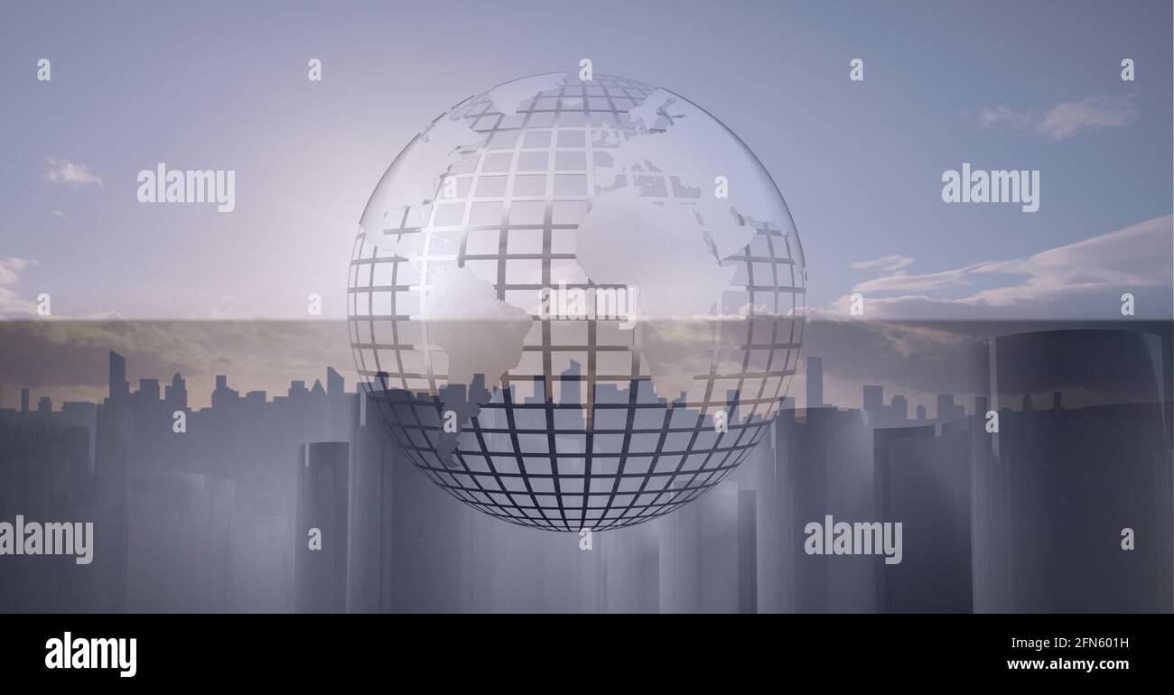 Composition of white globe over cityscape in background Stock Photo