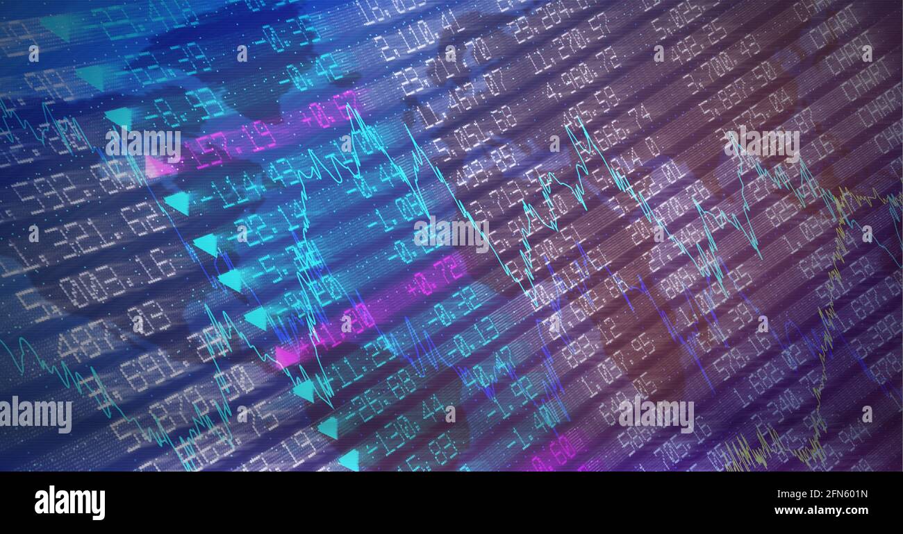 Composition of financial data processing on blue background Stock Photo