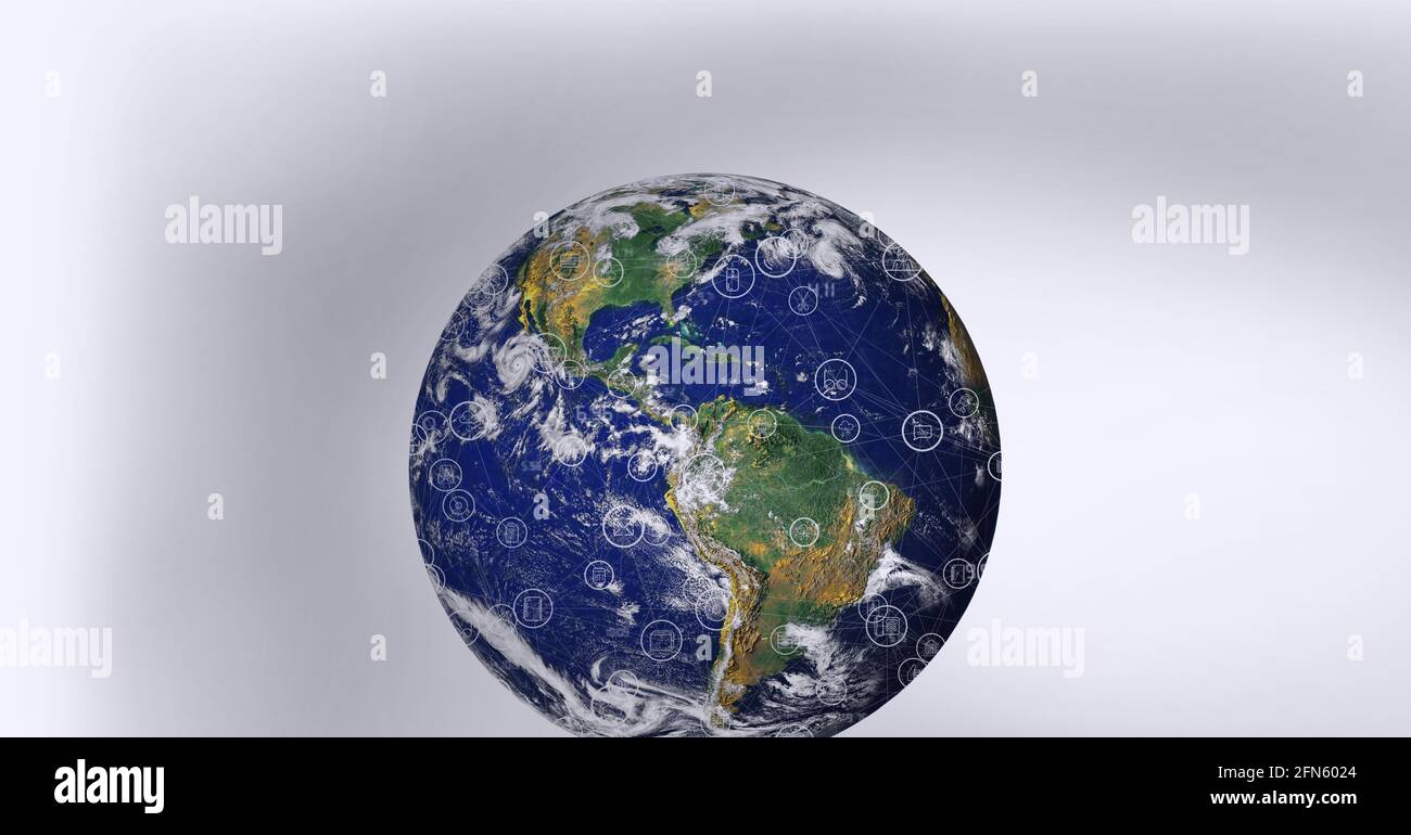 Animation of network with digital icons over globe Stock Photo