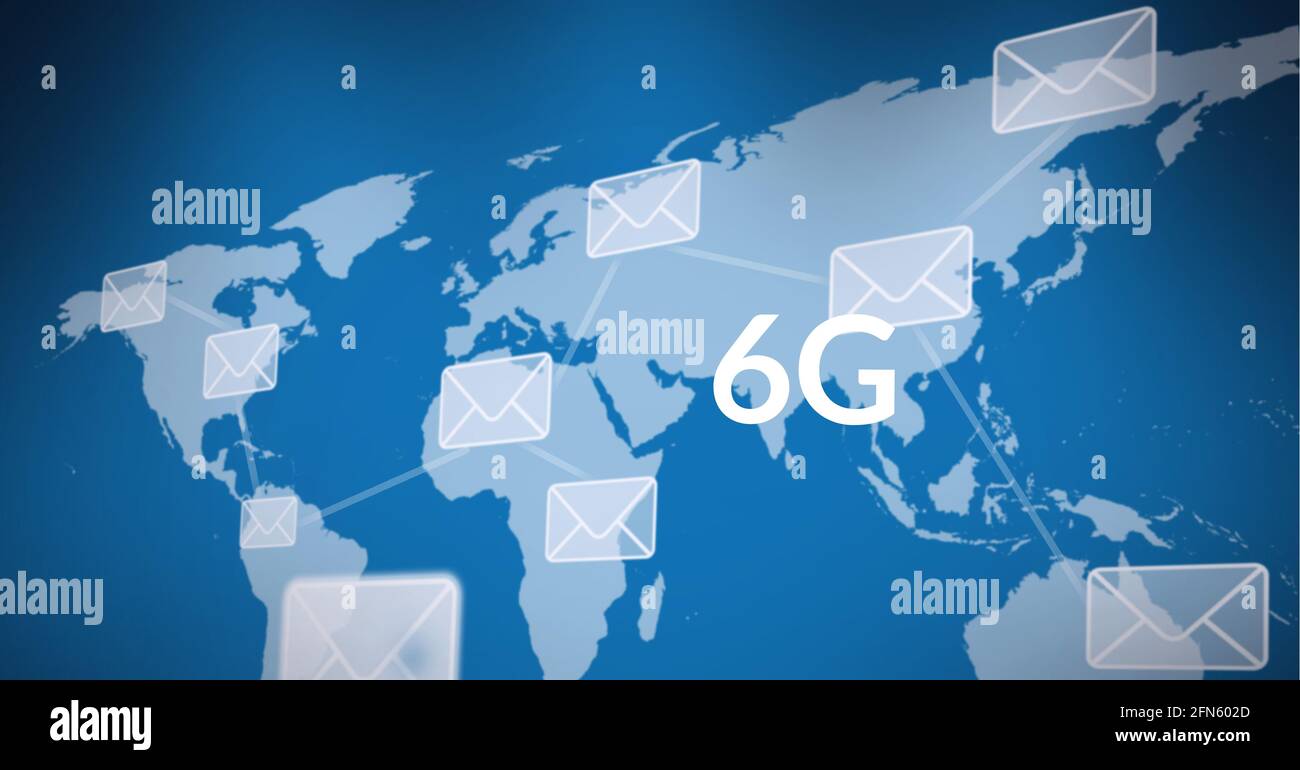 Composition of 6g text and network of connections with envelope icons over world map on blue Stock Photo