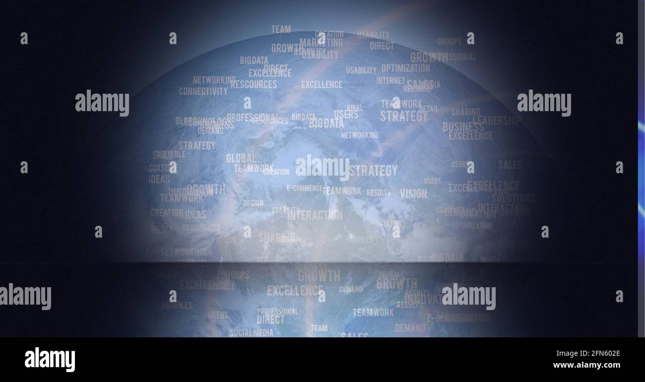 Animation of network of business text over globe Stock Photo