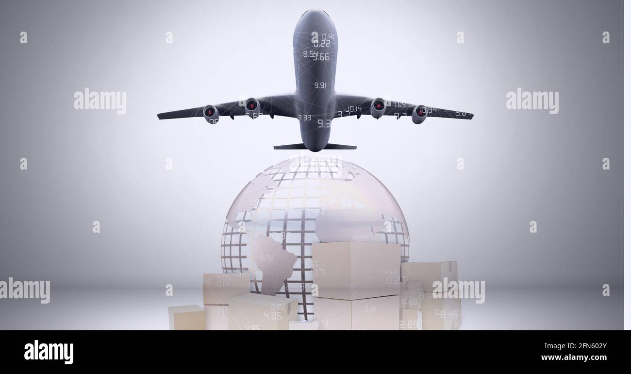 Animation of airplane, cardboard boxes and globe Stock Photo