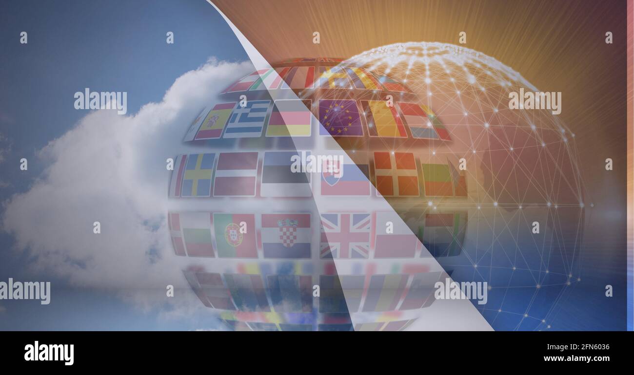 Animation of layer with sky revealing globe with national flags and ...