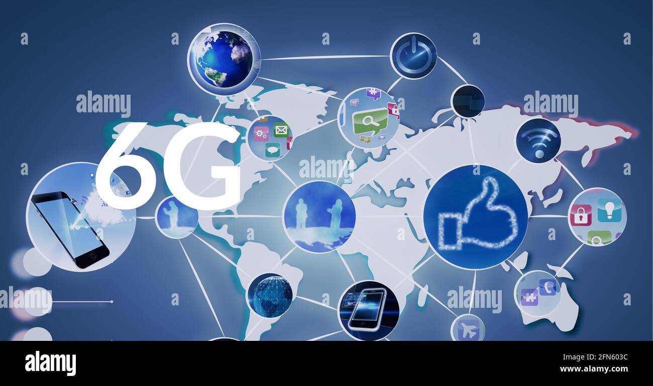 Composition of 6g text over network of connections with icons and world ...