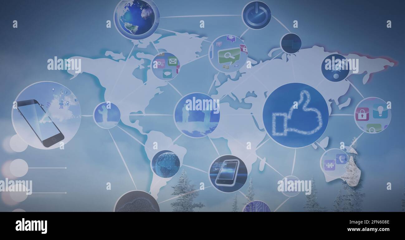 Composition of network of connections with environment icons over world map in background Stock Photo