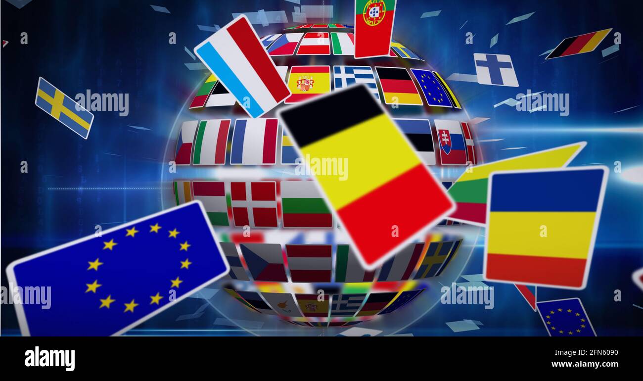 Composition of national flags over globe formed with flags Stock Photo