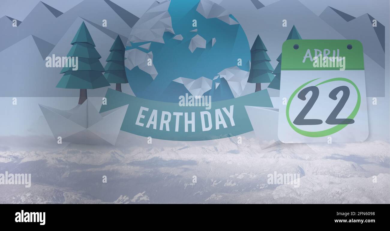 Composition of globe with earth day and 22 april date on calendar on landscape Stock Photo