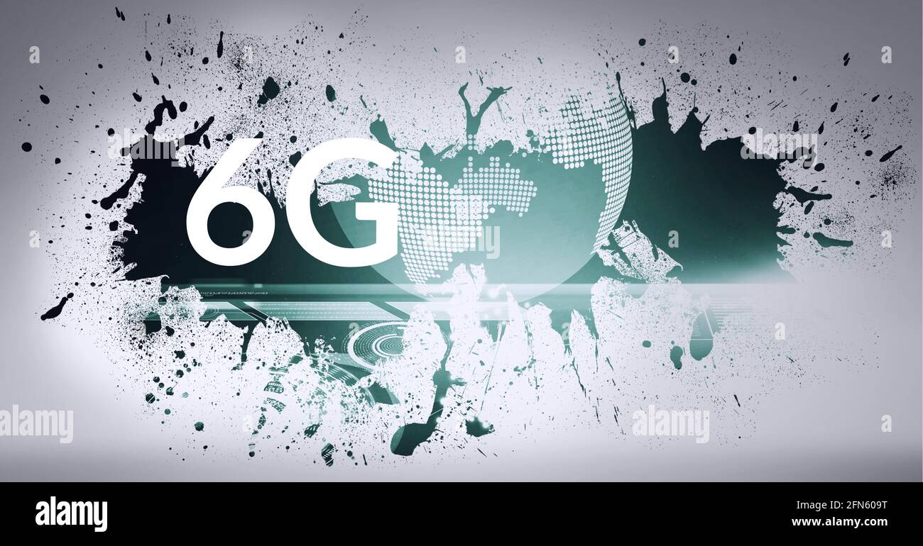 Composition of 6g text over splodges and globe on white and green background Stock Photo