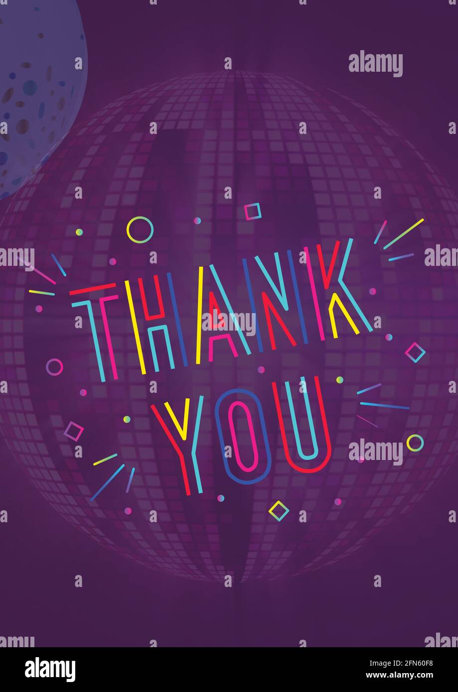 Composition of retro thank you text over purple mirror disco ball Stock ...