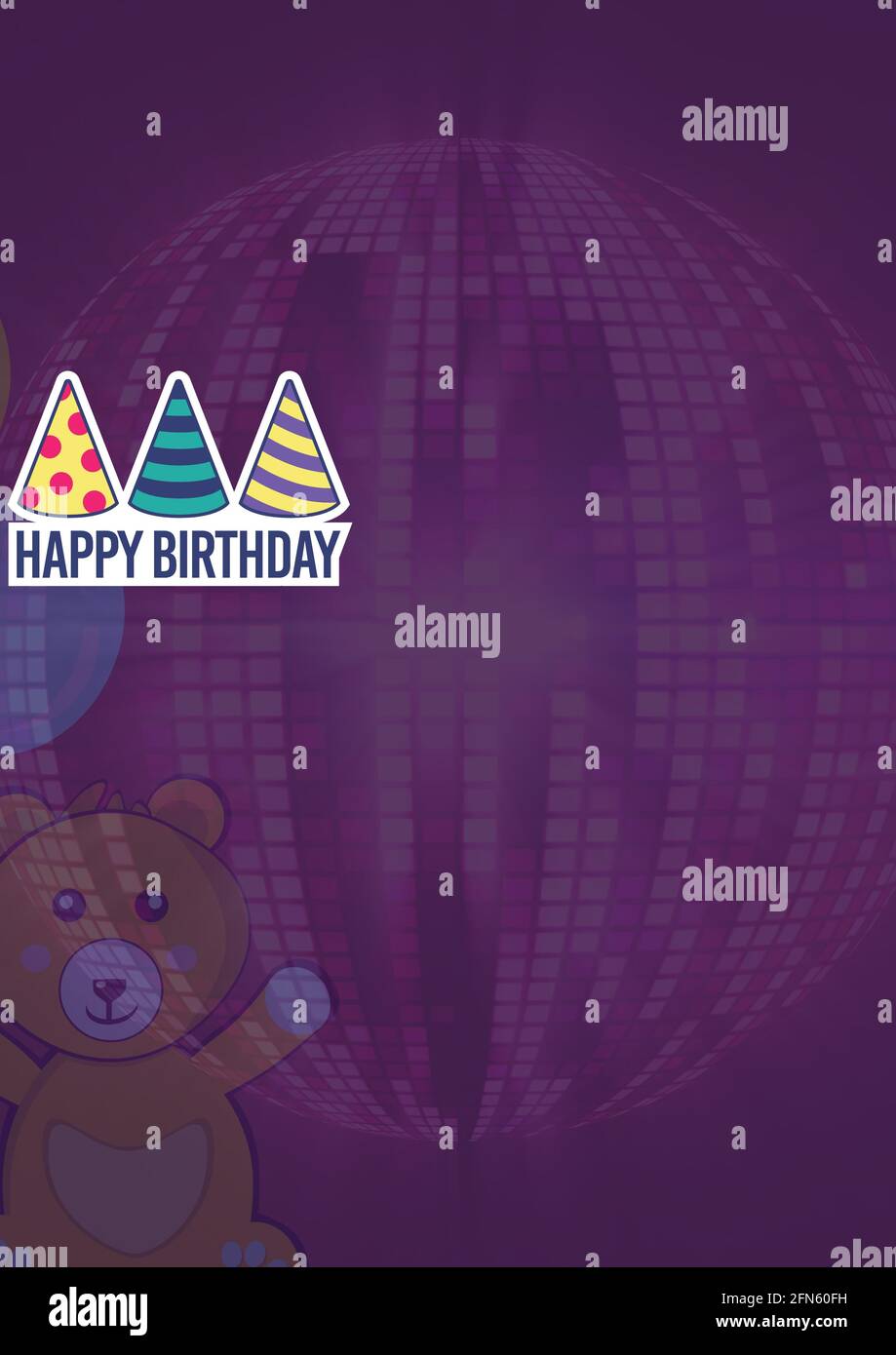 Composition of retro happy birthday text over purple mirror disco ball and teddy bear Stock Photo