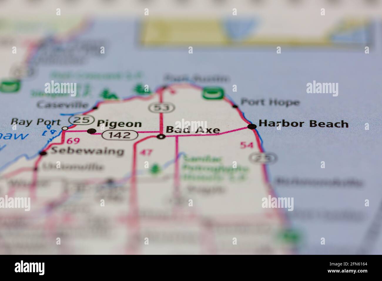 Bad Axe highlighted on a road map