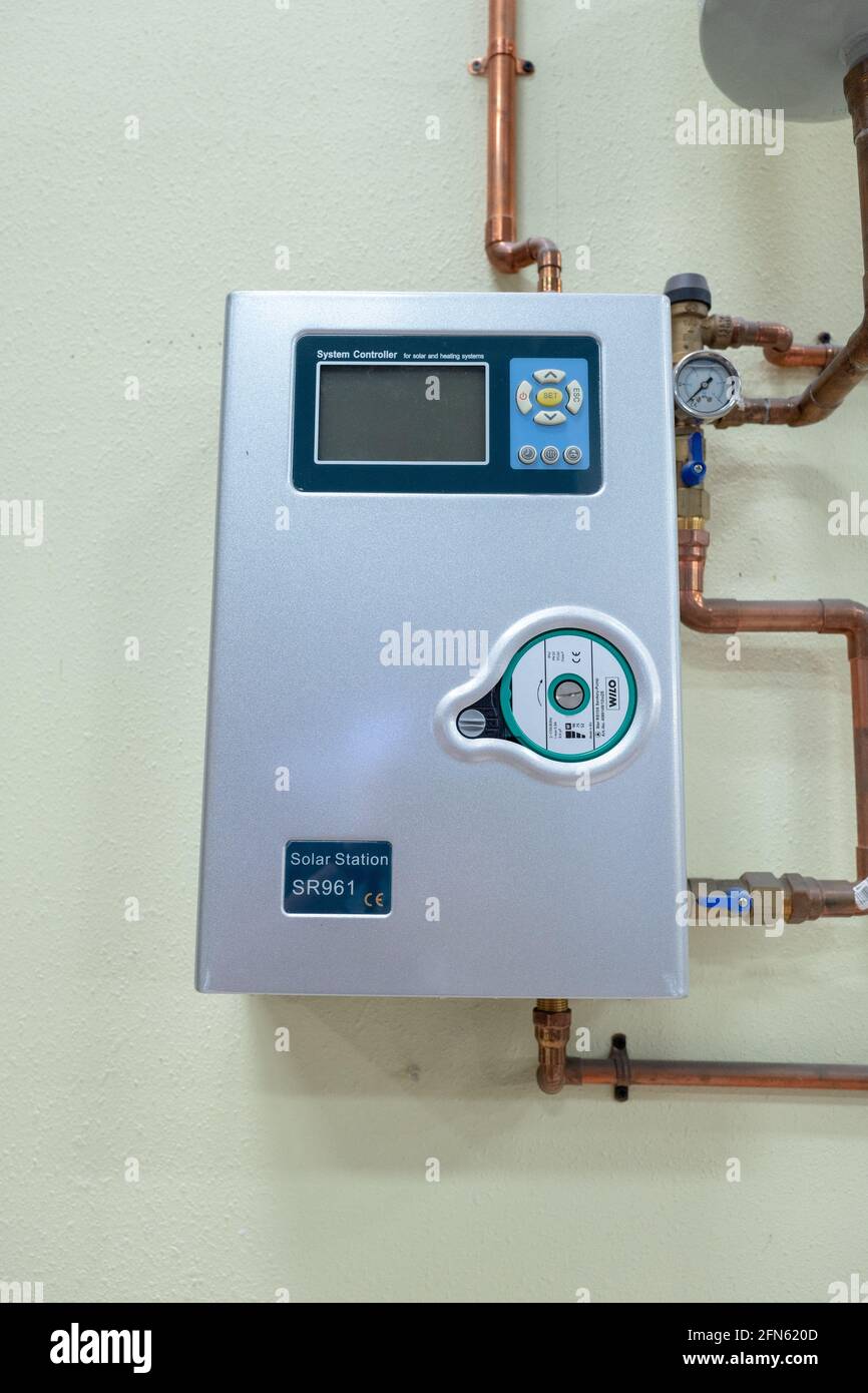 Control elements of a solar powered water heater system, Emeryville, California, November 9, 2020. () Stock Photo