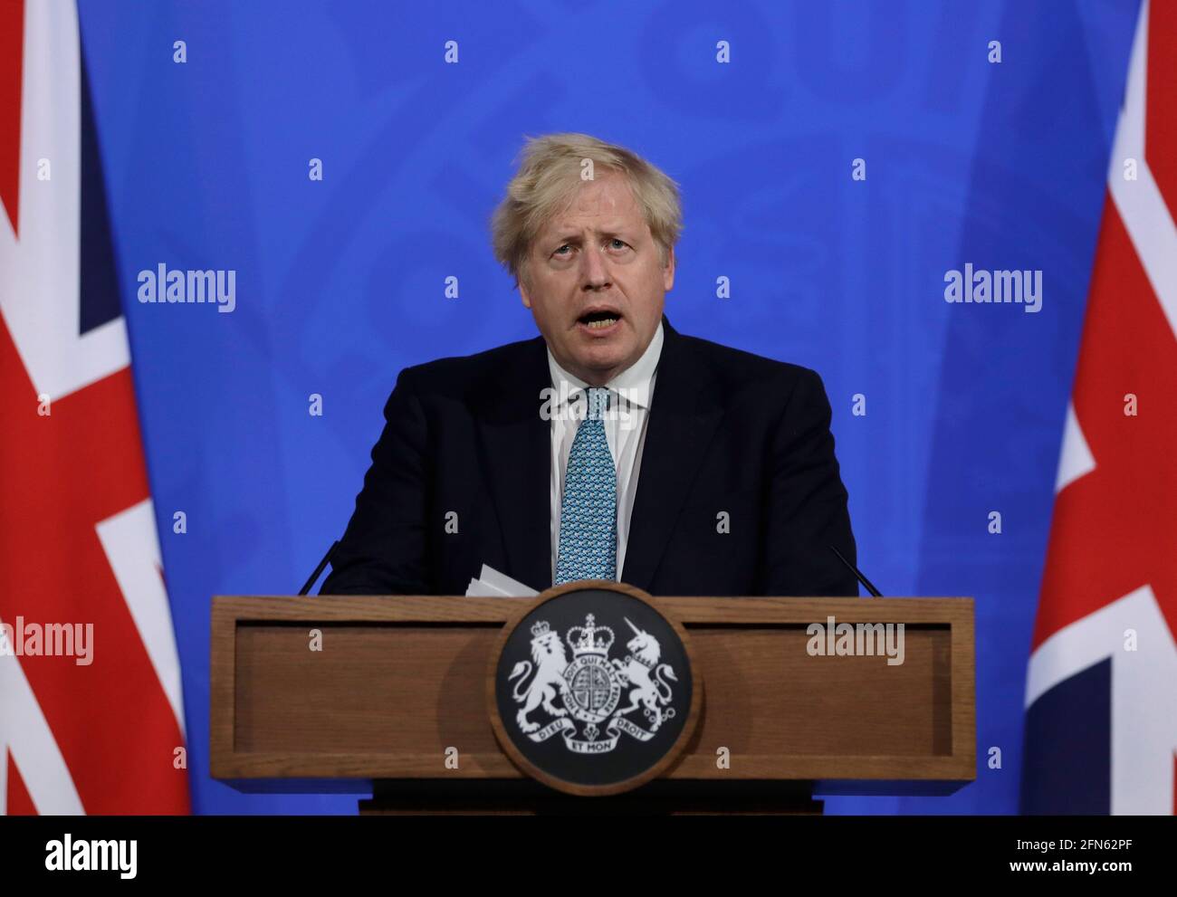 Prime Minister Boris Johnson during a media briefing in Downing Street, London, on coronavirus (Covid-19). Picture date: Friday May 14, 2021. Stock Photo