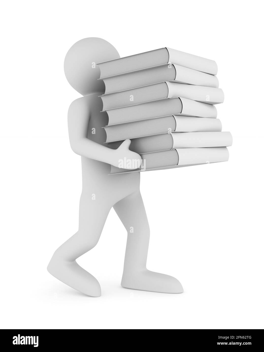 man carry pile books on white background. Isolated 3D illustration Stock Photo