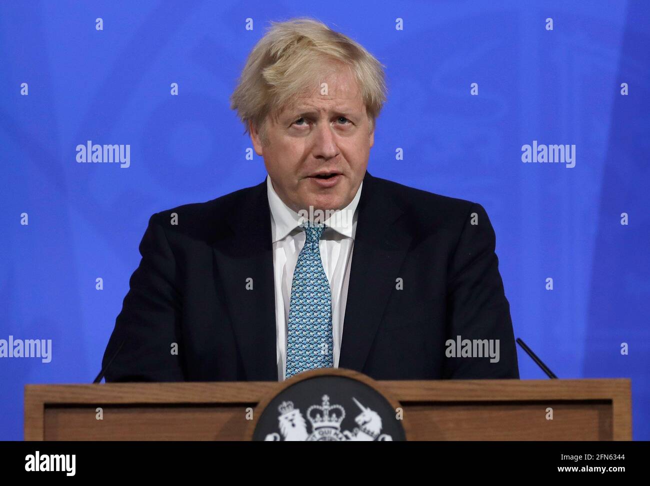 Prime Minister Boris Johnson during a media briefing in Downing Street, London, on coronavirus (Covid-19). Picture date: Friday May 14, 2021. Stock Photo