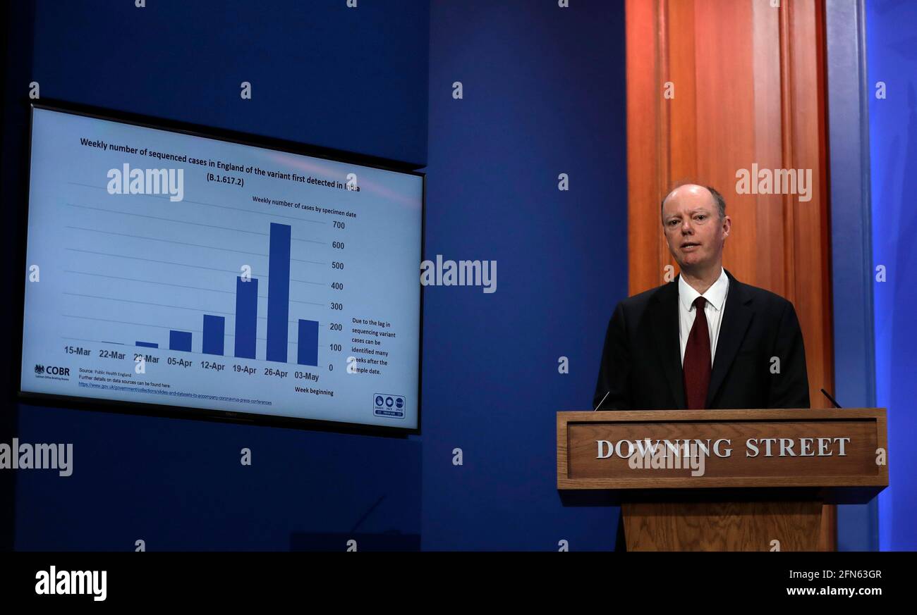 Chief Medical Officer Professor Chris Whitty during a media briefing in Downing Street, London, on coronavirus (Covid-19). Picture date: Friday May 14, 2021. Stock Photo