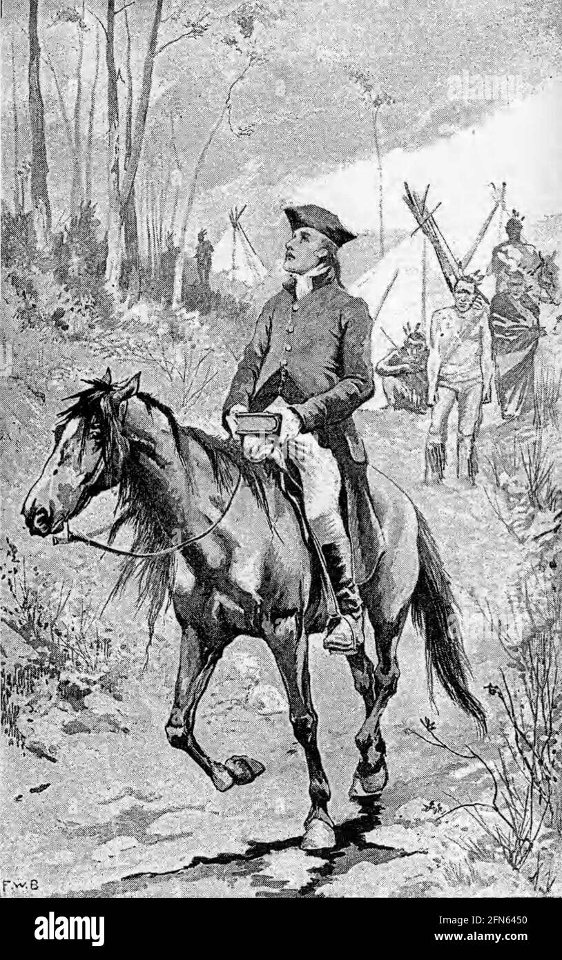 David Brainerd. Illustration of the American missionary David Brainerd (1718-1747), on horseback, 1891 Stock Photo