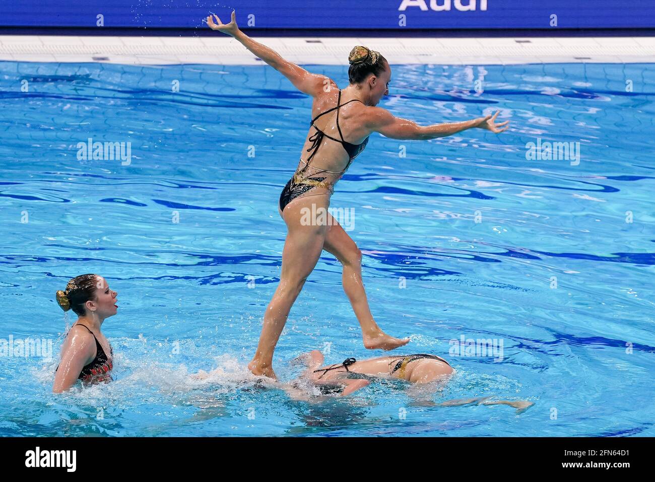 BUDAPEST, HUNGARY - MAY 14: Eden Blecher, Shelly Bobritsky, Maya Dorf, Noy Gazala, Catherine Kunin, Nikol Nahshonov, Ariel Nassee and Polina Prikazchikova of Israel competing in the Team Free Final during the LEN European Aquatics Championships Artistic Swimming at Duna Arena on May 14, 2021 in Budapest, Hungary (Photo by Andre Weening/Orange Pictures) Stock Photo