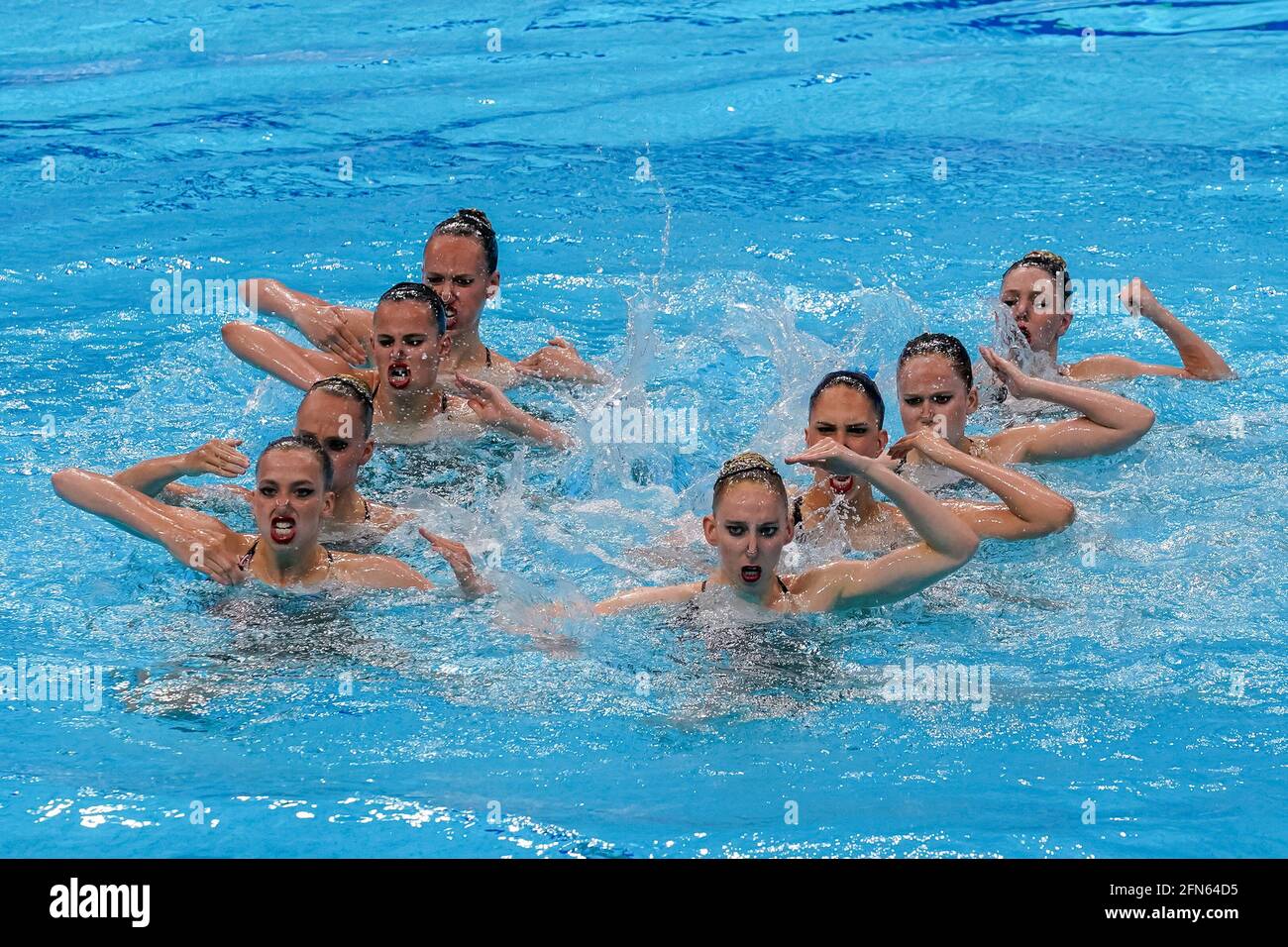 BUDAPEST, HUNGARY - MAY 14: Eden Blecher, Shelly Bobritsky, Maya Dorf, Noy Gazala, Catherine Kunin, Nikol Nahshonov, Ariel Nassee and Polina Prikazchikova of Israel competing in the Team Free Final during the LEN European Aquatics Championships Artistic Swimming at Duna Arena on May 14, 2021 in Budapest, Hungary (Photo by Andre Weening/Orange Pictures) Stock Photo